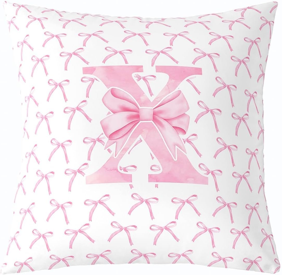Cartoon Bowknot Kids Throw Pillow Cover,Pink Bow Tie Letter X Knot Princess Double Sides Pillow Case Girls Women,Watercolor Bow Patchwork Pink White Bed Couch Sofa Cushion Cover,Single Pack 22"x22" — image 1