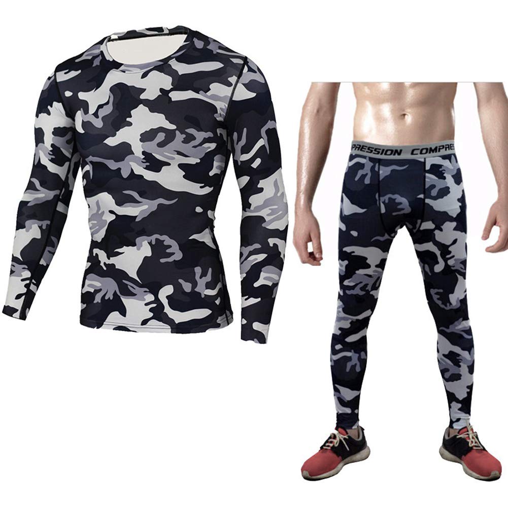 GUOCU Mens Sports Compression Base Layer Skin Tights Fitness Tracksuit Gym Running Workout Top And Pants Set,GrayBlack,L