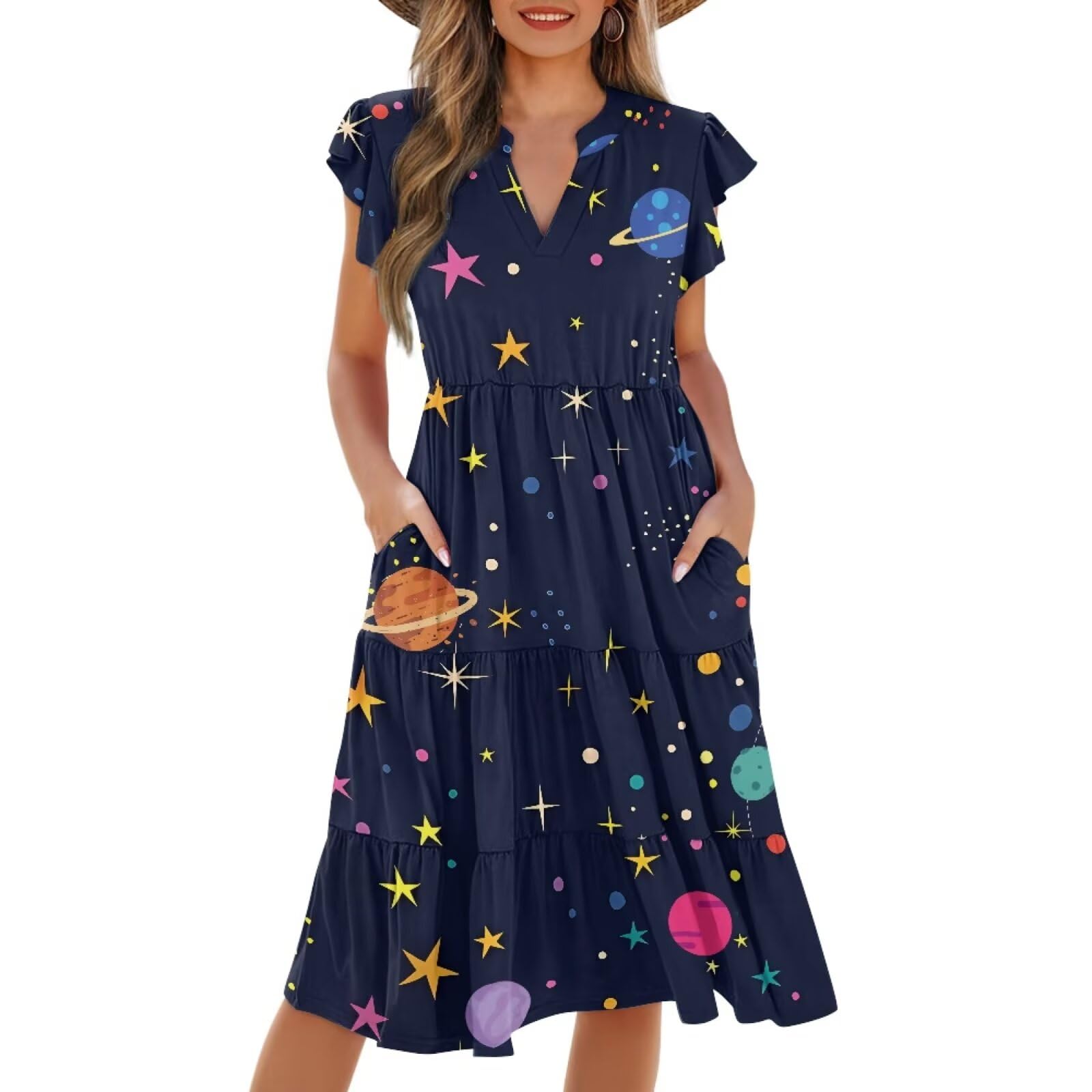 Womens Summer Dress Ruffle Sleeve V Neck Dress Casual Fit Flowy Beach Vacation Sundress with Pocket S-2XL