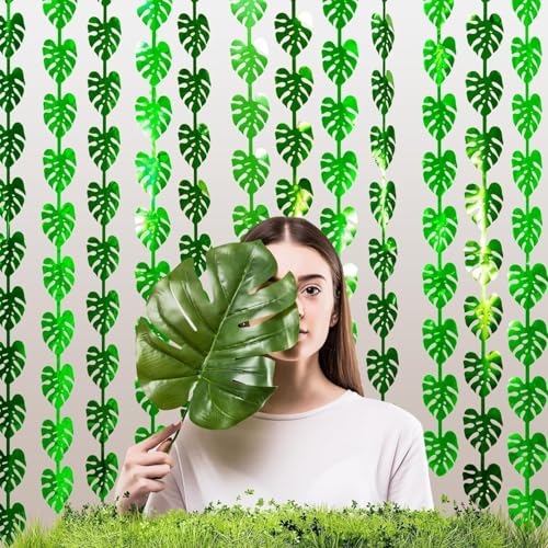 Image of 3 Pack Jungle Leaf Foil Fringe Curtain for Jungle Party Decorations, 3.3x6.6Ft Safari Theme Leaf Tinsel Streamer Backdrop, Photo Booth Prop Zoo Animal Birthday Party Supplies Baby Shower Favors