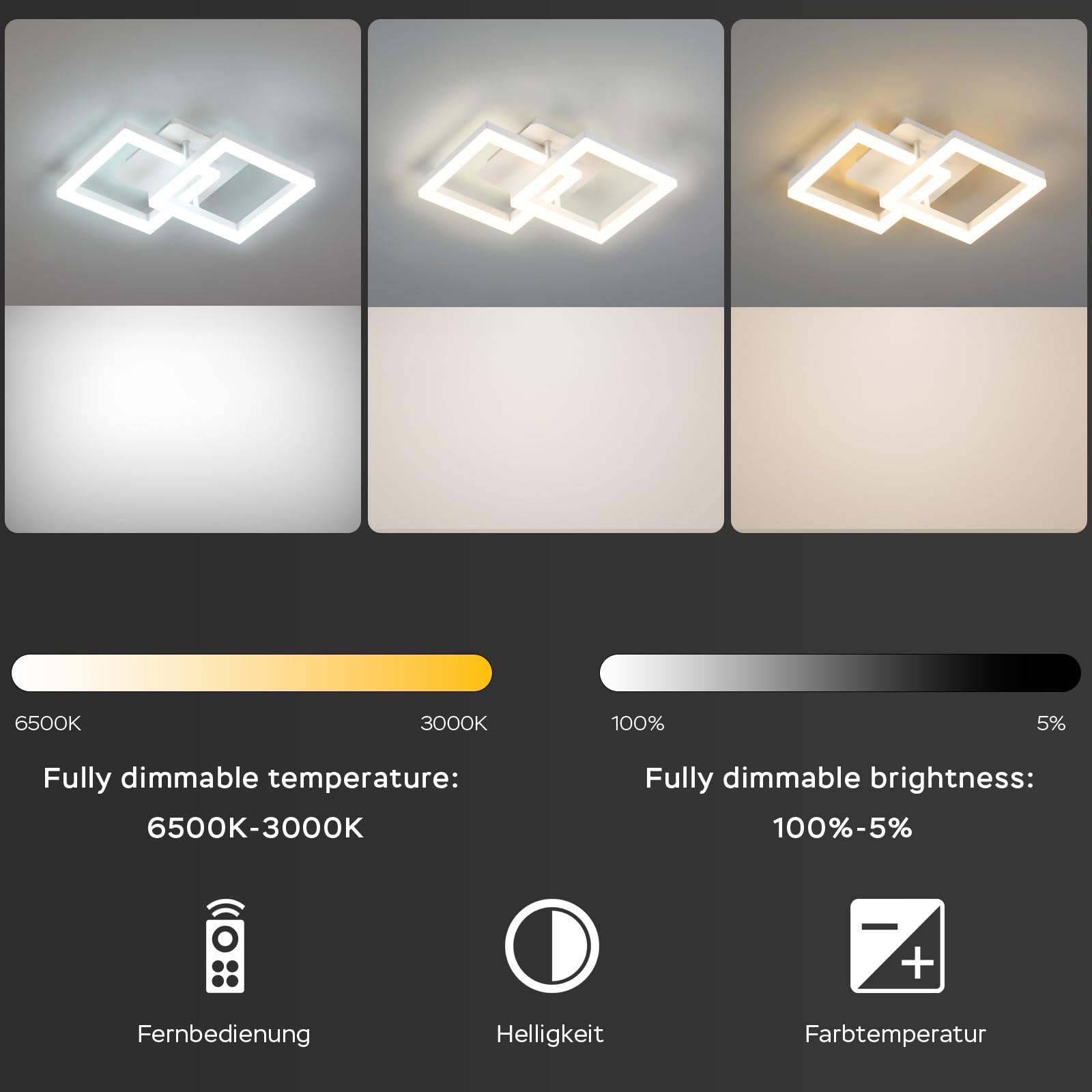 ANTENLICHT Plafoniera LED Soffitto Moderna 20W Dimmerabile con Telecomando 3000-6500K, Funzione di Memoria, Lampada da Soffitto per Camera da letto Sala Cucina Corridoio, Bianco 44x28x10cm