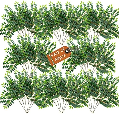 kimbovillea 48Pcs Bulk Package - Artificial Ficus Leaves Real Touch Ruscus Foliage Mini Bay Leaf Spray for Floral Displays Faux Flower Arrangement Filler Greenery Decor for Home Outdoor (Green)