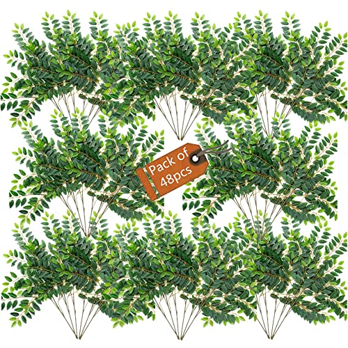 Kimbovillea 48Pcs Bulk Package - Artificial Ficus Leaves Real Touch Ruscus Foliage Mini Bay Leaf Spray For Floral Displays Faux Flower Arrangement Filler Greenery Decor For Home Outdoor (Green) #TOP19