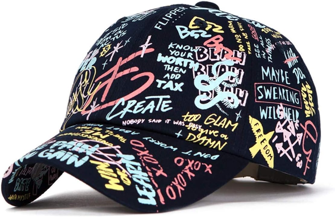 [FLIPPER] デザイナー グラフィティー 韓国 ファッション キャップ メンズ・レディース ダットハット スナップバック コットン 派手 柄 帽子 韓国ブランド 大きいサイズ K-pop Dad Hat Baseball Cap (ネイビー, L~XL)