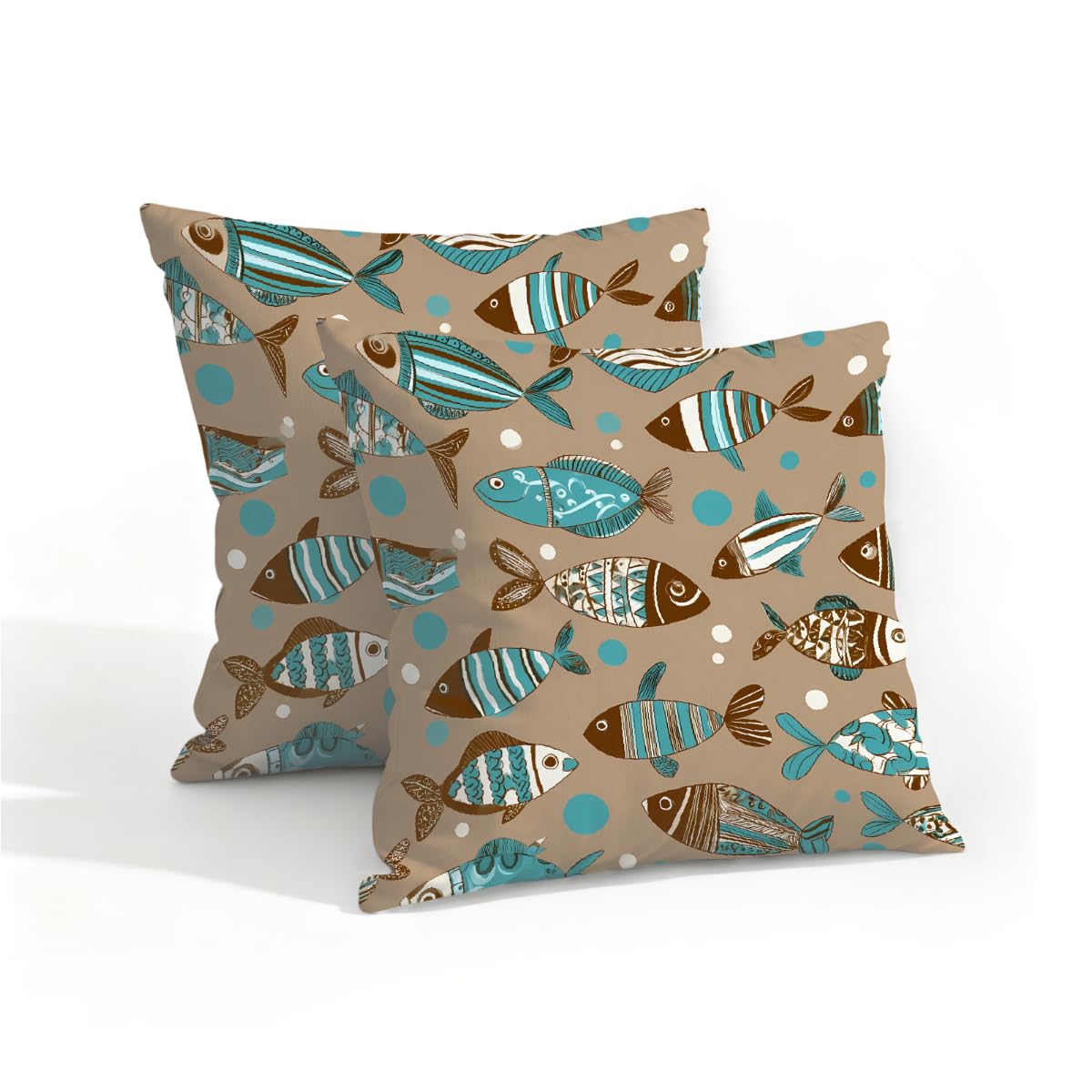 Outdoor Pillow Covers Waterproof Pillowcases 16x16in Set of 2 Boho Teal Fish On Brown Decorative Throw Cushion Case for Couch Sofa Garden Patio Furniture