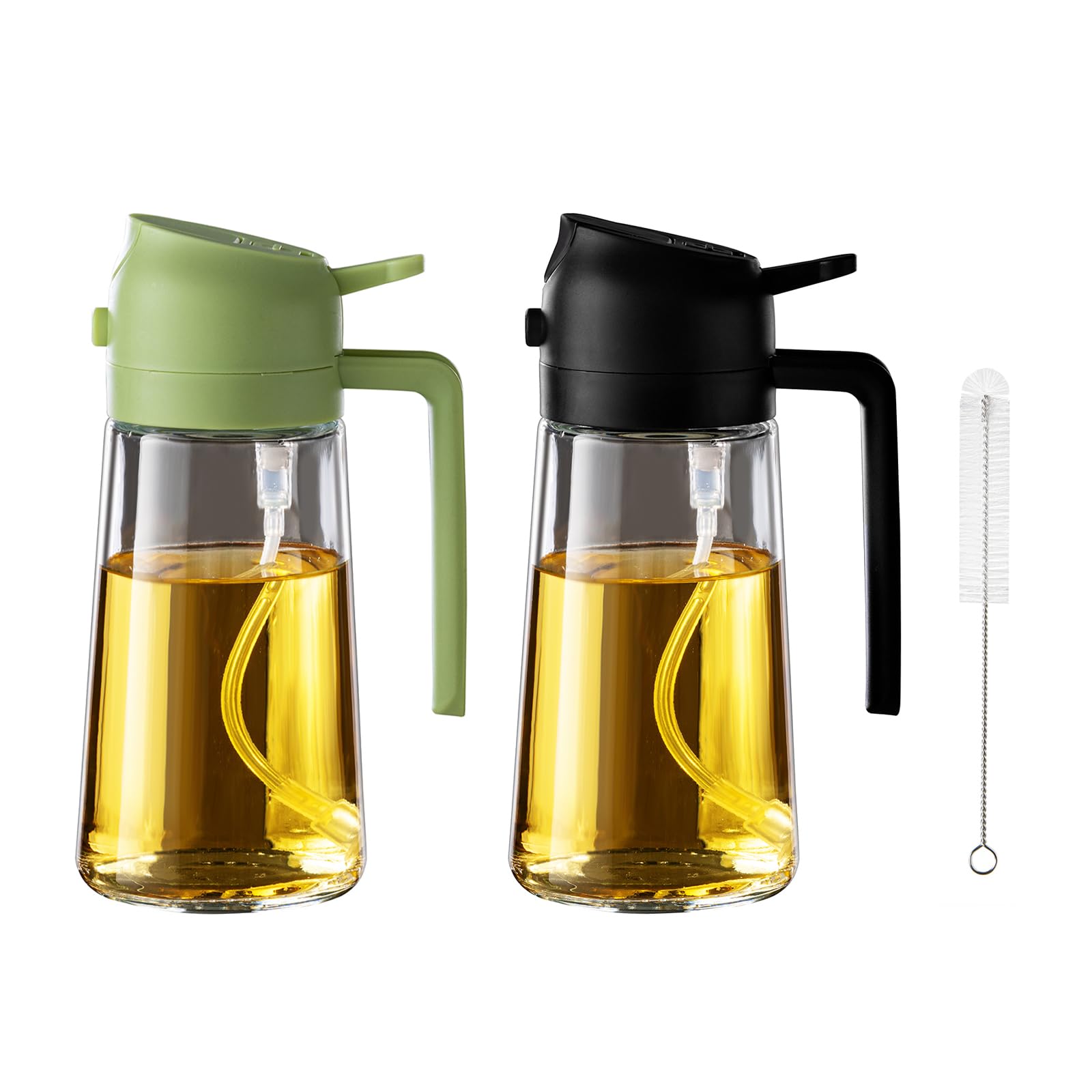 Oil Dispenser for Kitchen - 16oz / 470ml Olive Oil Bottle - 2 in 1 Olive Oil Dispenser & Oil Sprayer with Brush - Oil Sprayer for Cooking, Salad, Barbecue 2Pcs Black&Green