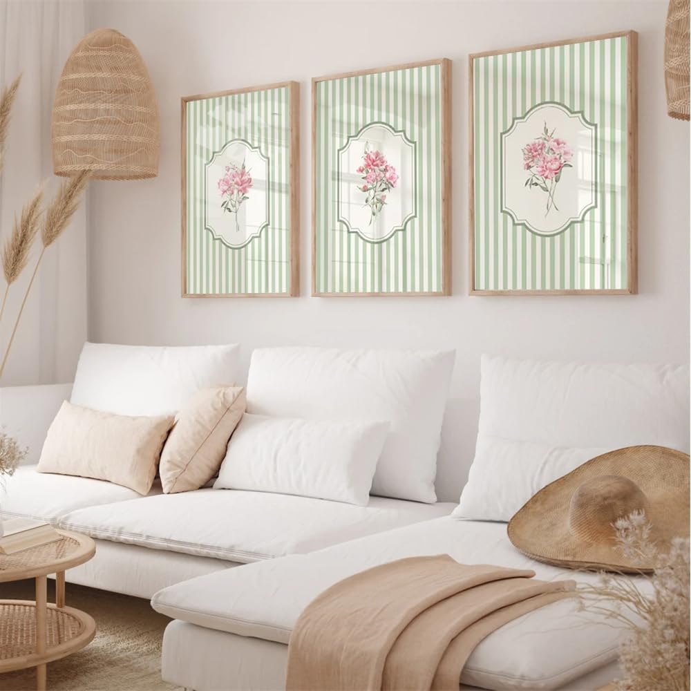 Set Of 3 Sage Green Pink Botanical Poster Vintage Striped Floral Prints Canvas Painting Framed Artwork for Living Room Preppy Trendy Home Bedroom Decoration with Inner Frame