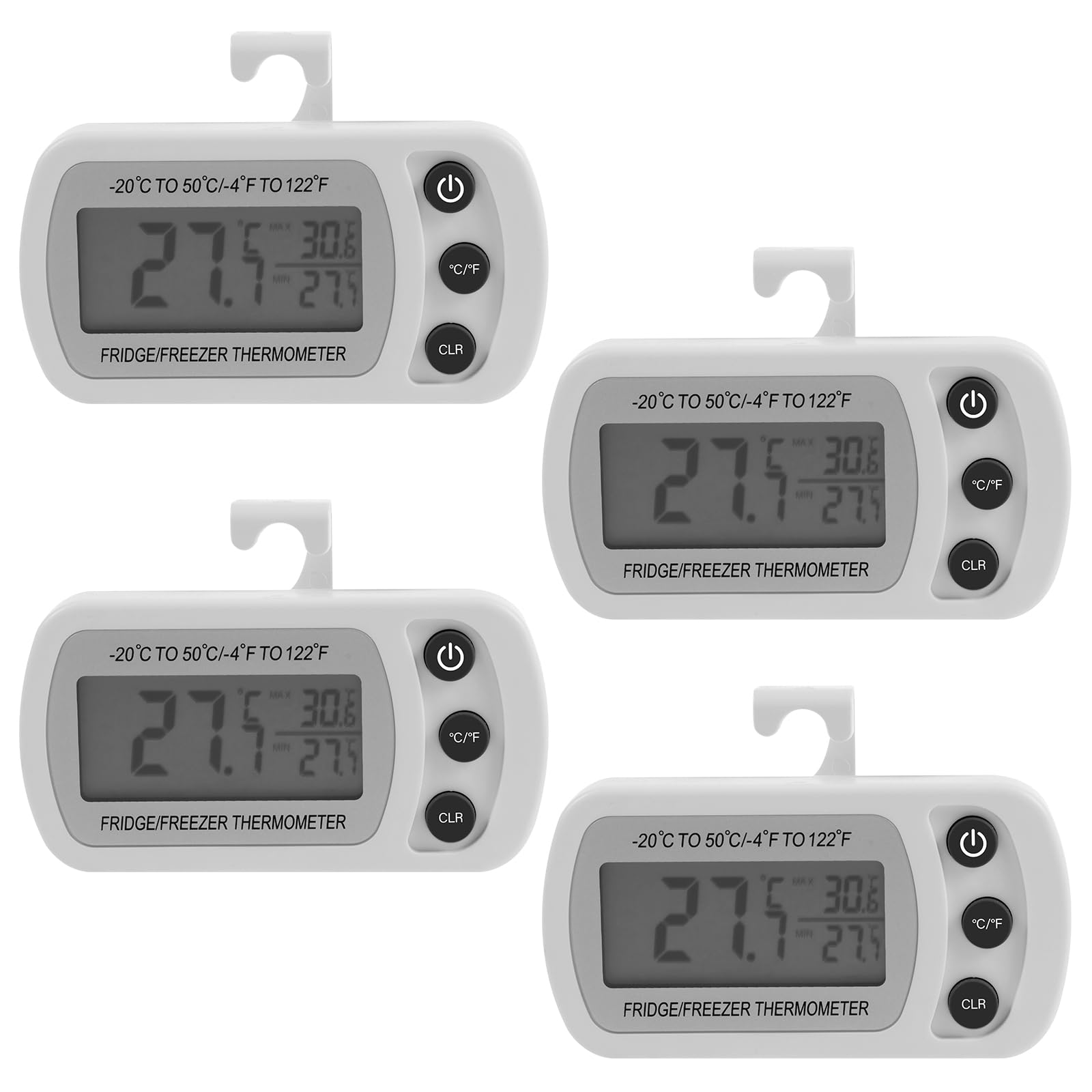 KTZCTPCA 4Pcs Digital Frigerator Thermometer, Waterproof Fridge and Freezer Thermometer, Digital Thermometer with Stand and Magnetic Back, Digital Thermometer for Kitchen, Home, Restaurants (White)