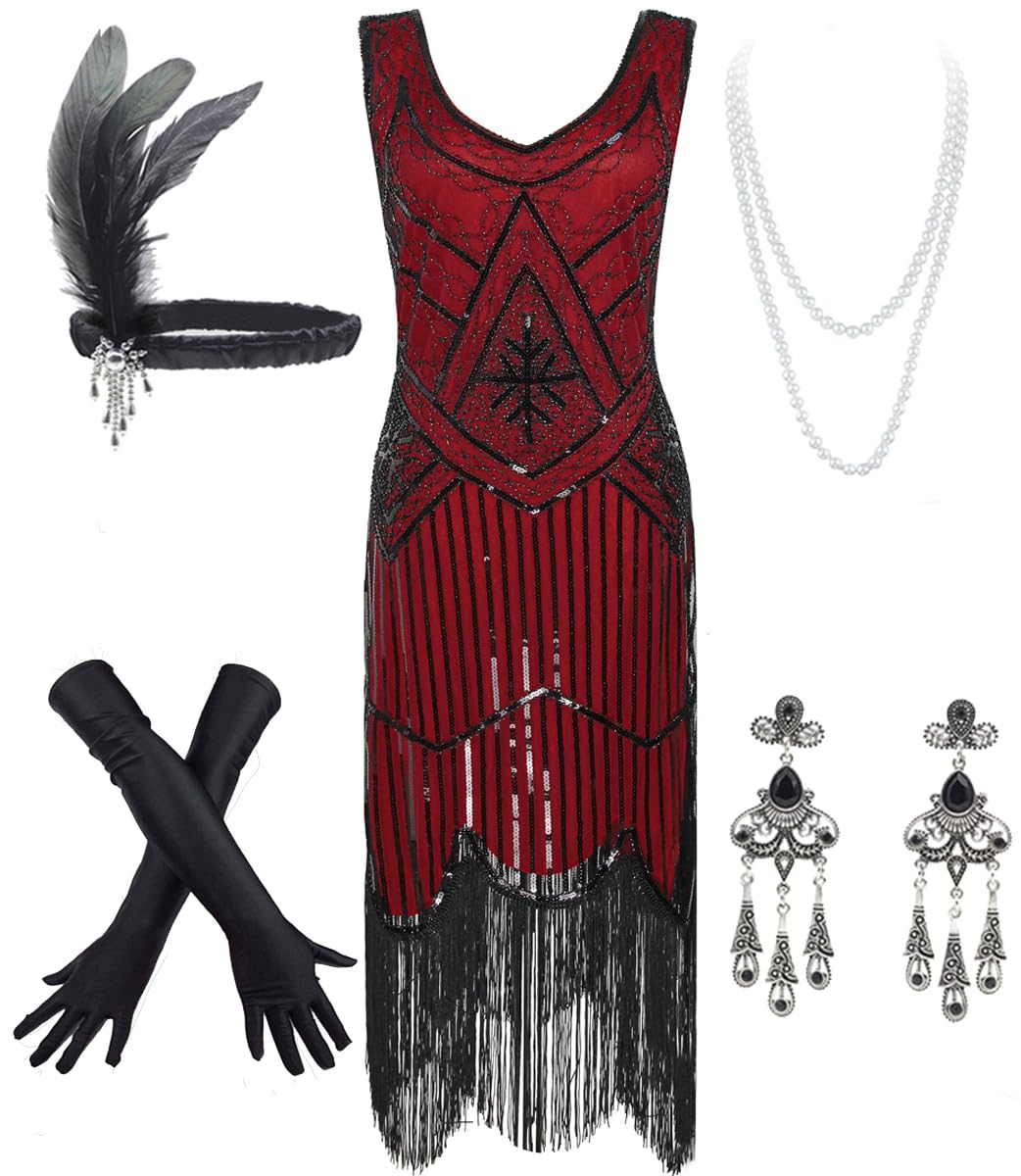 Women's Vintage 1920s Sequin Beaded Tassels Hem Flapper Dress w/Accessories Set