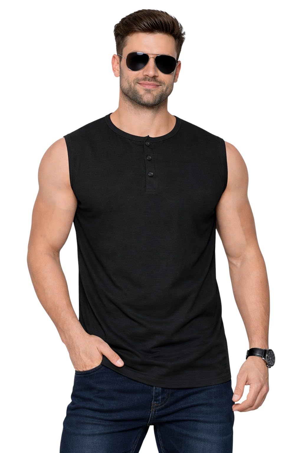 blisstone Men's Sleeveless Henley Neck Muscle Fit T-Shirt | Gym Wear & Casual Vest T-Shirt-picture-51