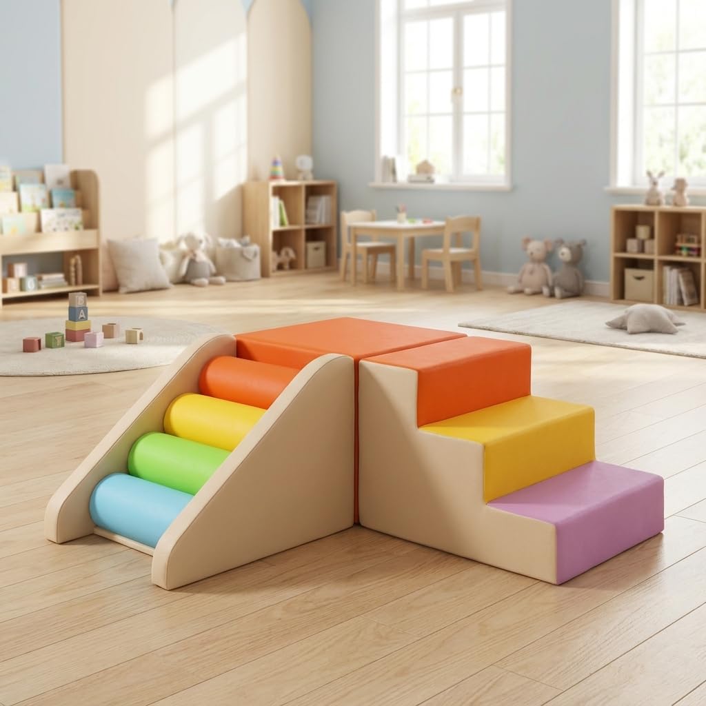 Schaumstoff Kletterset für Kleinkinder, Spielset mit Rutsche, modulares Motorikspielzeug, schadstofffrei & hygienisch, Mehrfarbig, Dreiteiliges Set, sensorische