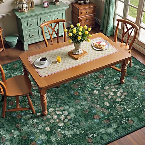 Green Dining Room Rugs for Under Table, Washable Boho Floral