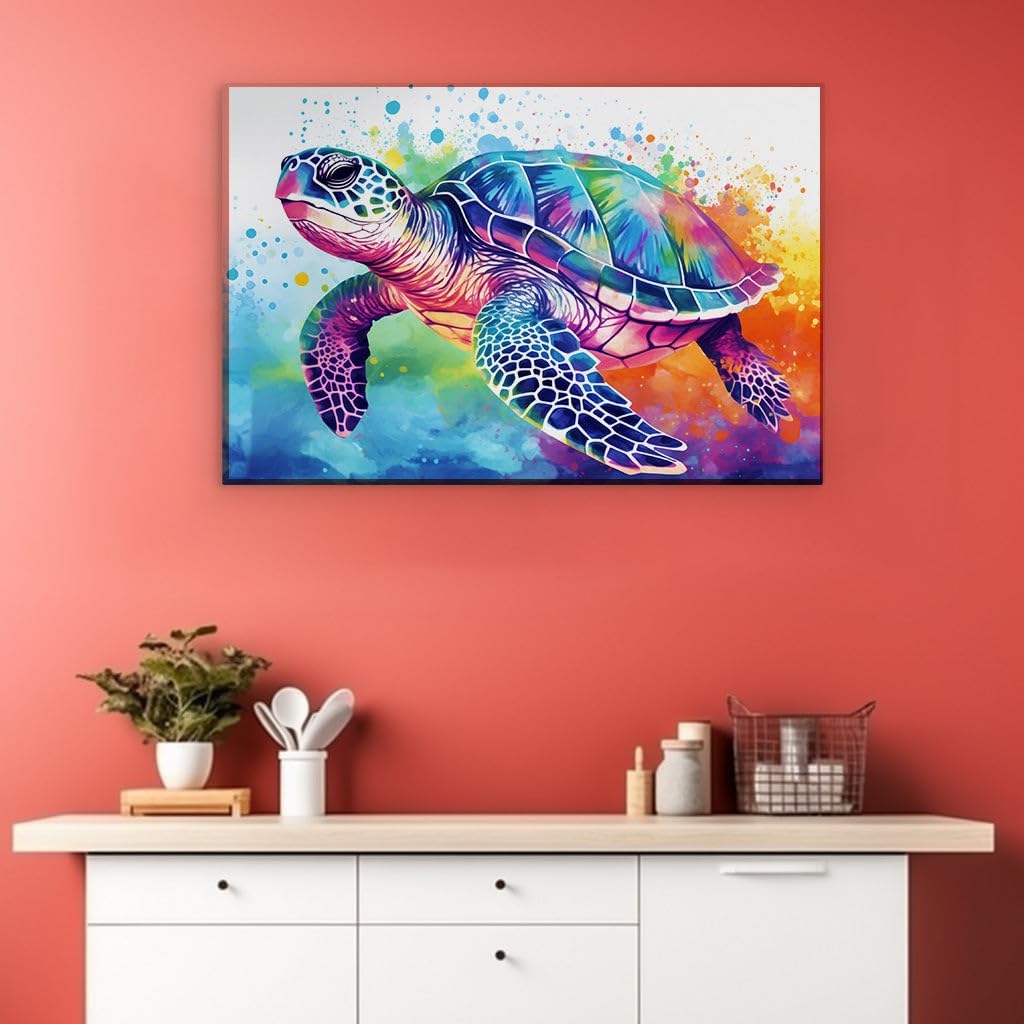 Canvas for Living room. Dive into Chromatic Wonders: A Turtle's Underwater Rainbow Odyssey, 27 x 18 inch Canvas Wall Art - Nautical Inspirations - Modern Home Decor