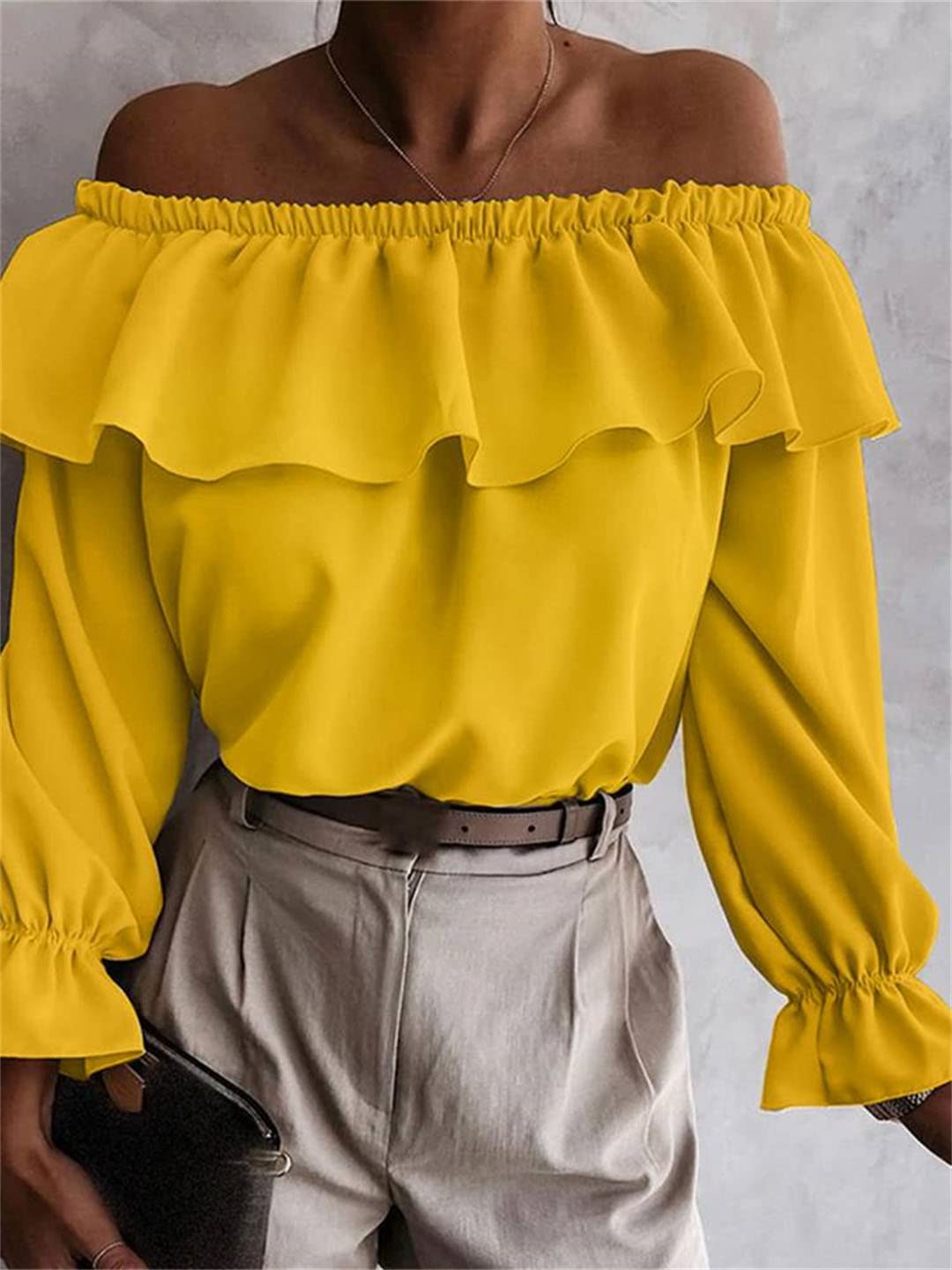 Générique Femmes Sexy Hors épaule Blouses été Flare à Manches Longues Couleur Unie Tunique Hauts Dames Hauts à Volants