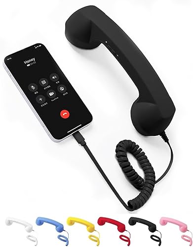 Retro Phone Handset with Cord, Cell Phone Handset for iPhone, Type-C Telephone Style Landline Handle Receiver with Microphone, Answer Button,