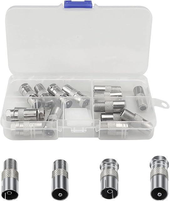 16pcs F/T Plug Type Male to Female Coaxial Socket Adapter Satellite TV Aerial Coax RF Cable Coupling Connector Adaptor for Compatible with Internet A/V Device Port Digital Audio Video (Silver)