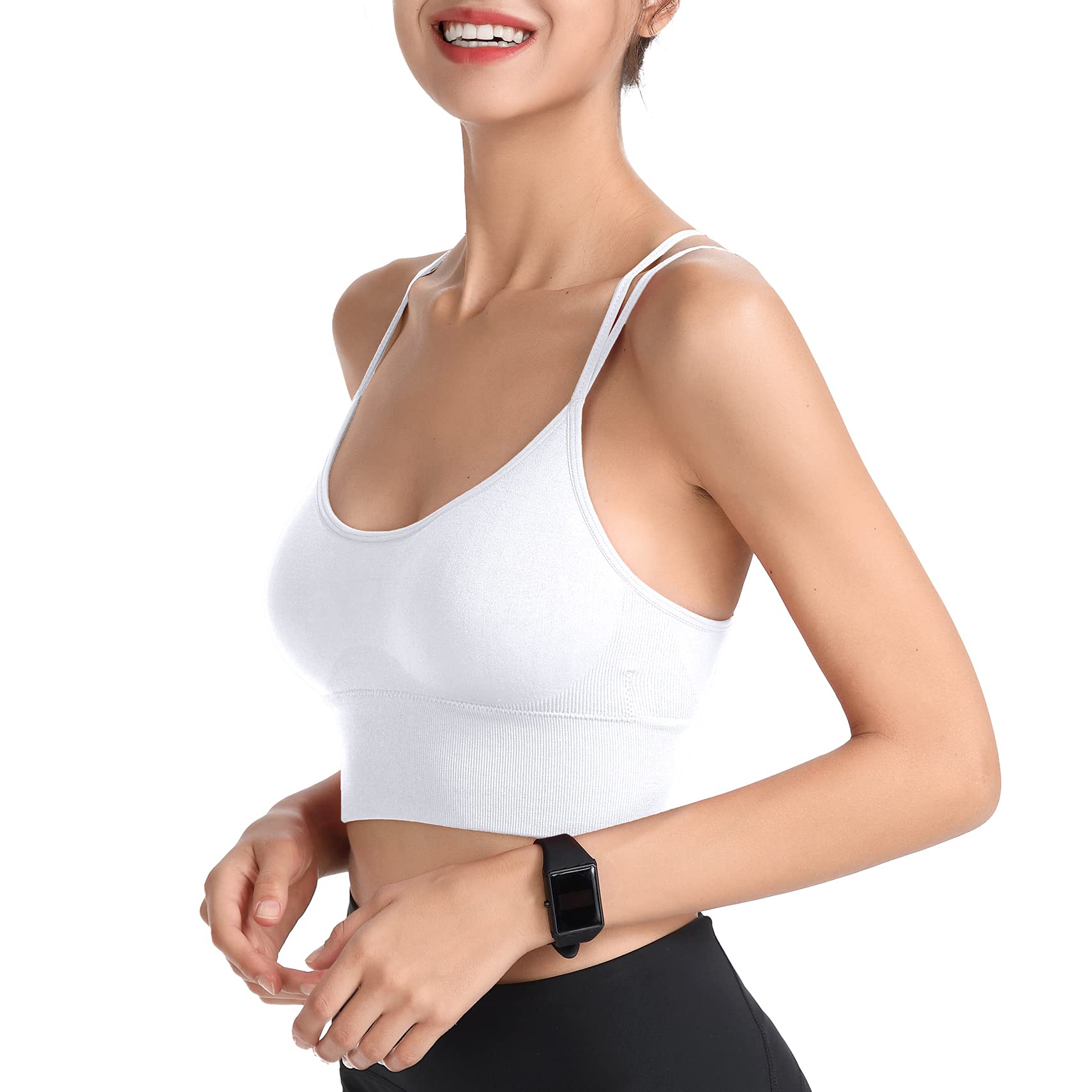 Sujetadores deportivos acolchados para mujer, tirantes cruzados, para yoga, entrenamiento, fitness, correr, gimnasio, parte superior de bajo impacto, Paquete de 3 negro, blanco, azul, Large
