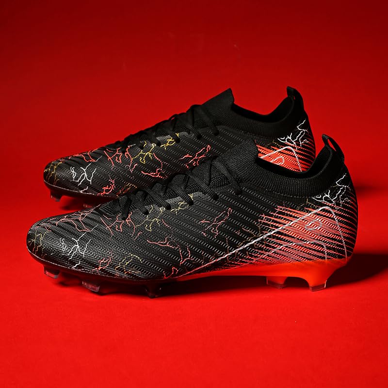 Professional Soccer Cleats, High Performance Athletic Football Boots, Black Orange Design, Knit Material, Lightning Pattern2