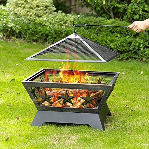 AMAGABELI GARDEN & HOME Fire Pit Outdoor for Outside Firepit Bowl Wood Burning 24in Square with Fireplace Fire Poker Spark Screen Mesh Cover for Yard Bonfire Camping Mesh Lid Rustproof Bronze - Image 4