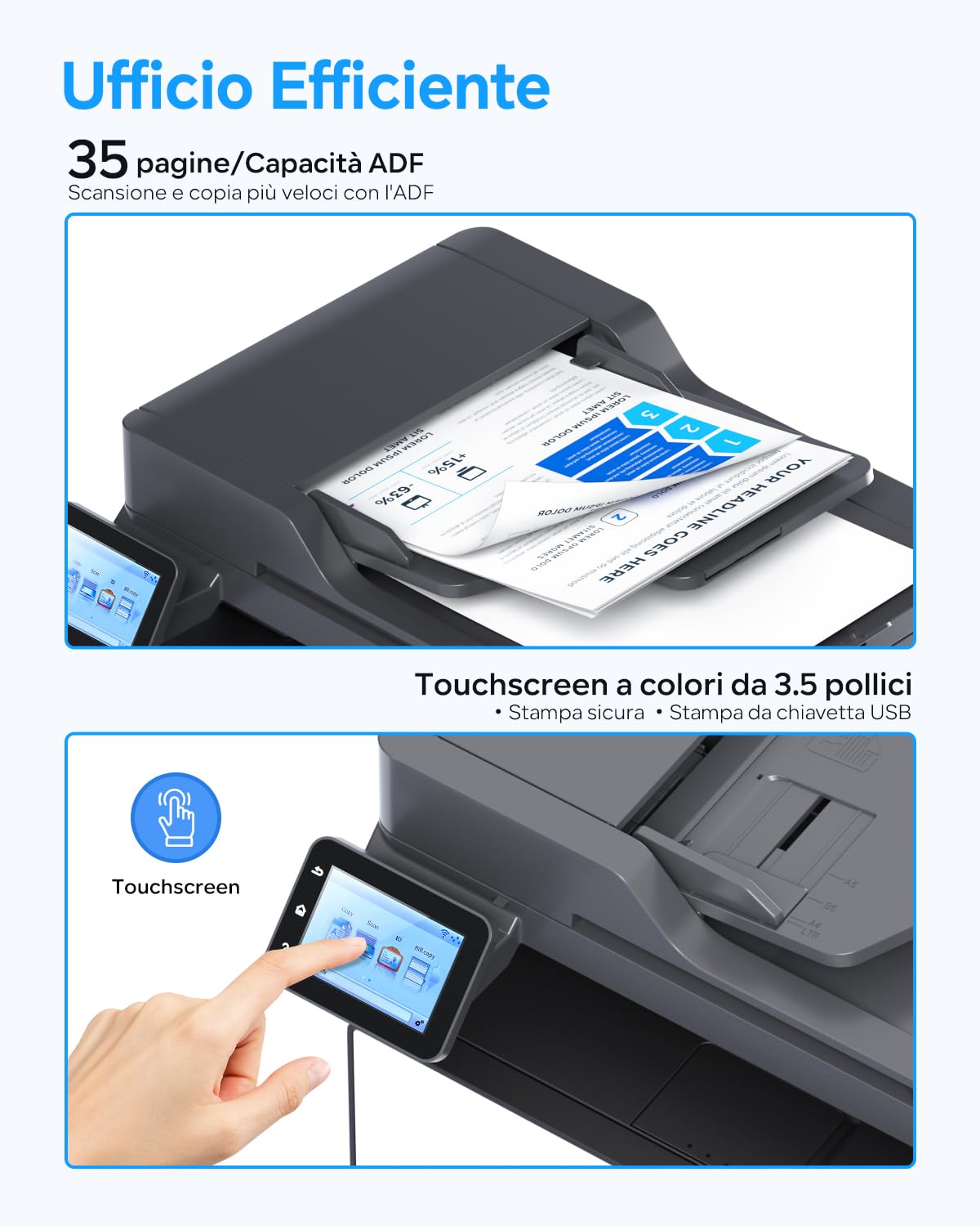 PANTUM BM4309ADW Stampante Laser Multifunzione, Stampa/Scansione Fronte e Retro Automatica, ADF, 30ppm, USB, WiFi, Display Touchscreen 3.5 Inch