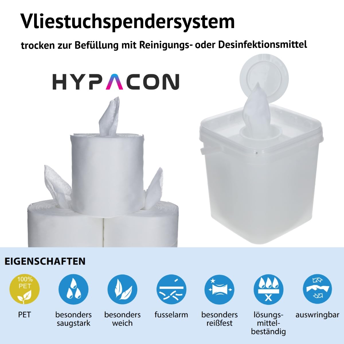 trockene 90 Tücher Vliesrolle premium - Vliestücher für Spendereimer als saugstarke Wipes zum befüllen mit Reinigungsmittel und Desinfektionsmittel (8 x 90 Tücher ohne Spendereimer)