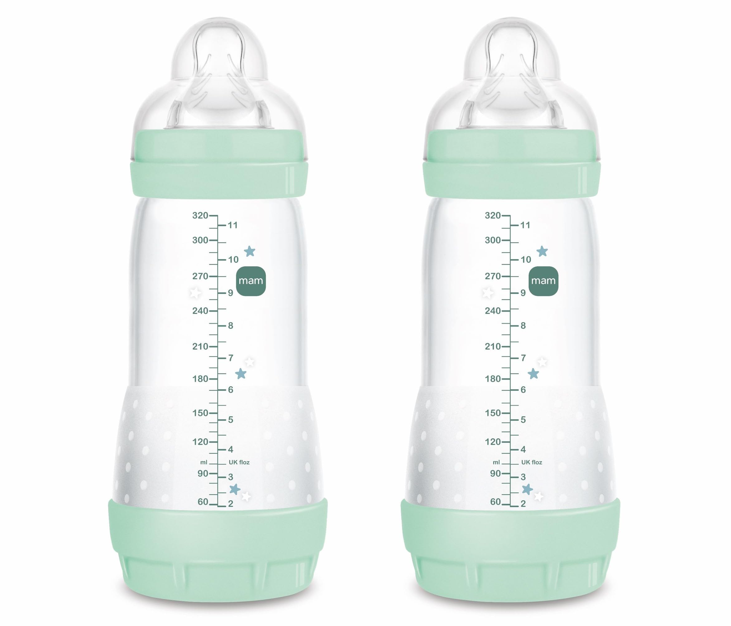 MAM Pack 2 Biberones Anticólicos, a partir de 4 Meses, 320ml, con Tetina 3 Flujo Rápido de Fácil Aceptación, Autoesterilizable y Fácil de Limpiar, MAM Easy Start Anti-Colic, Azul Brillante, Pack 2uds