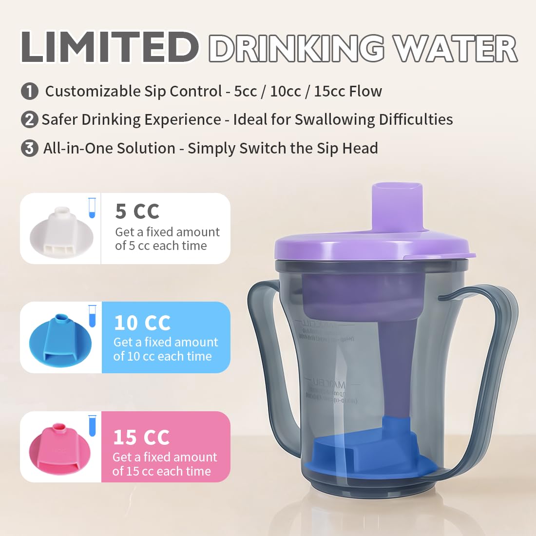 Vasos para disfagia para tragar personas, taza Provale de 5 cc o 10 cc de líquido cada vez para evitar el asfixia (tapa morada y gris)