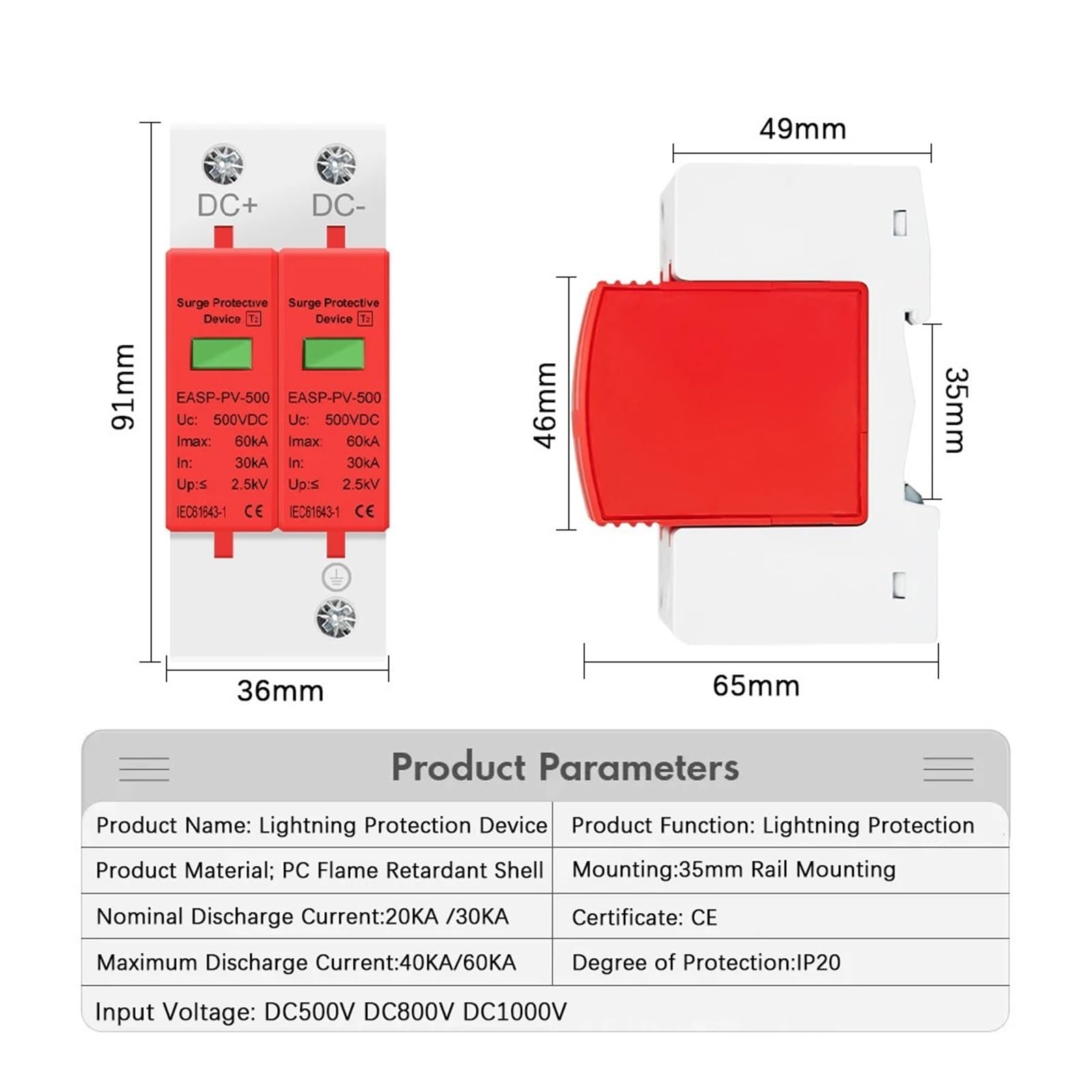 Surge Arrester Protective Lightning Protector 2P DC SPD Surge Protective Device 500V 800V 1000V 20KA 30KA 40KA 60KA Voltage Protector Solar PV Photovoltaic Lightning Arrester(30-60KA,DC 500V)