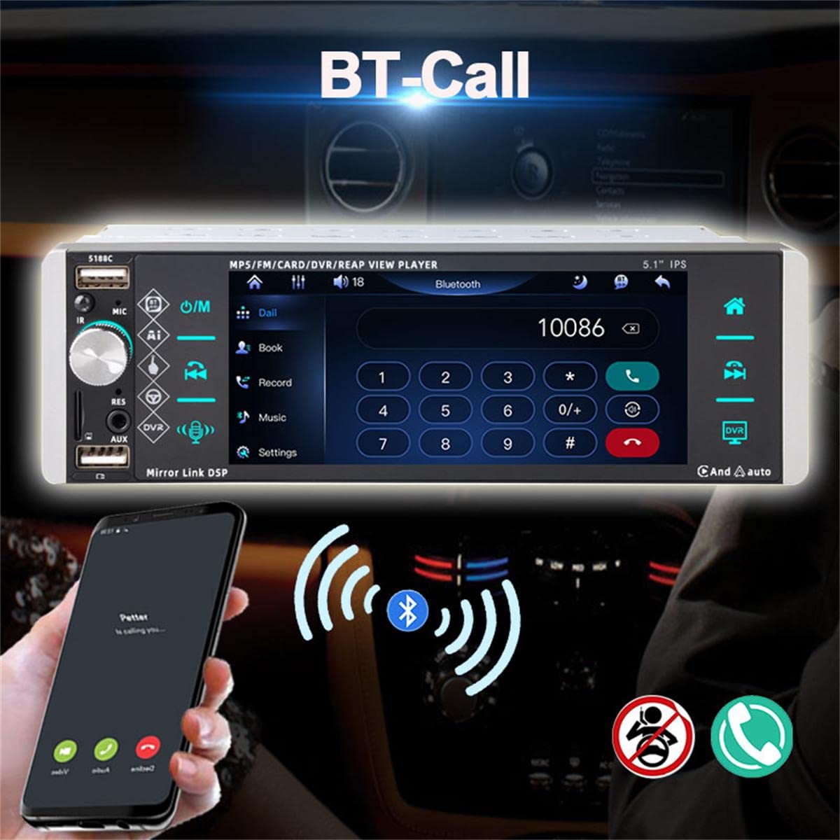 1 Din 5.1 cal Radio samochodowe Bluetooth IPS pojemno?ciowy ekran dotykowy samochodowe stereo wsparcie Mirrorlink AI asystent g?osowy RDS AM FM 4-USB + mikrofon ko?nierzowy