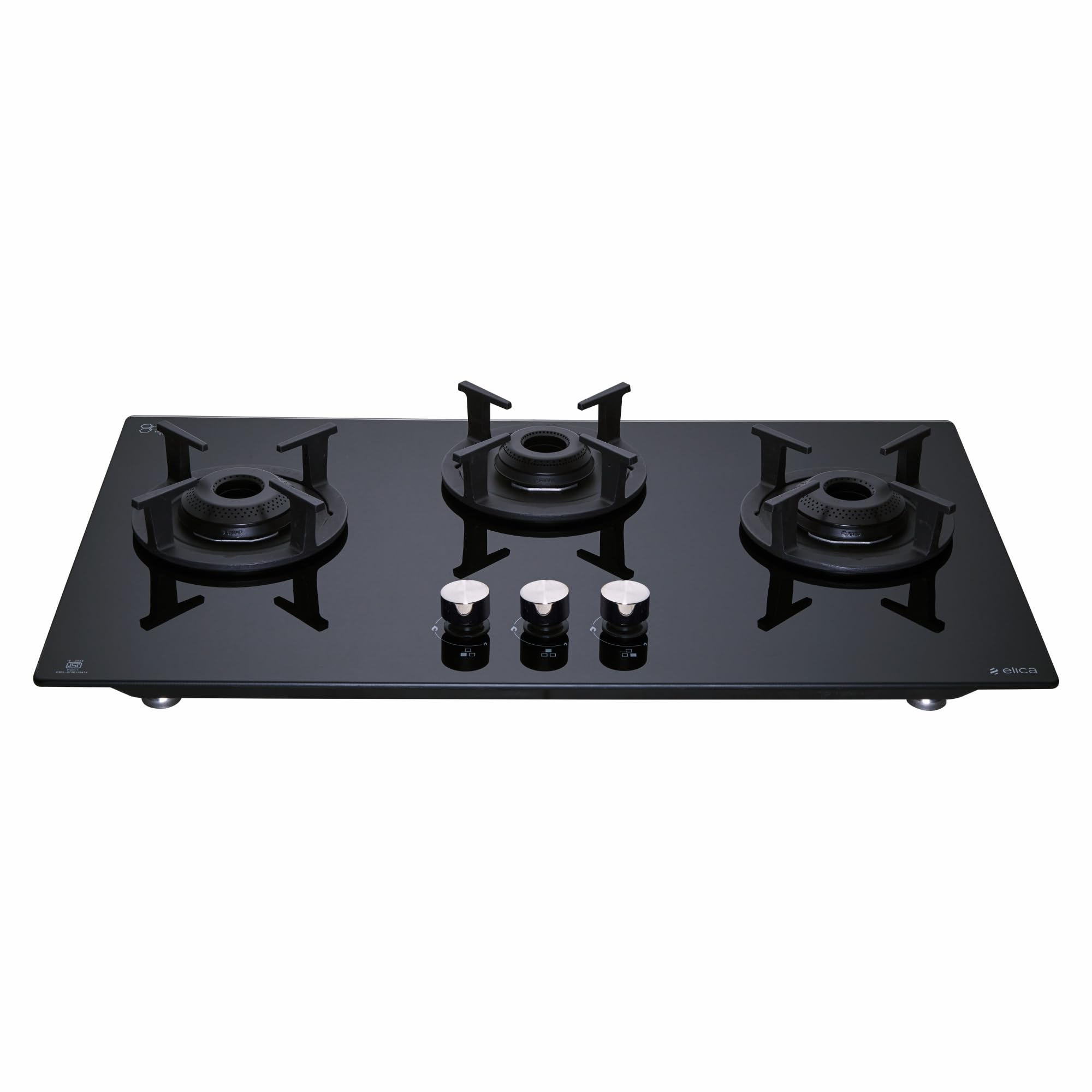 Elica 75cm 3 Burner Auto Ignition Hob | RG FLEXI 375 LOTUS IND HD Brass | SABAF Brass Burners | Built-in & Freestanding | Toughened Black Glass | 10-Year Burner & 5-Year Glass Warranty