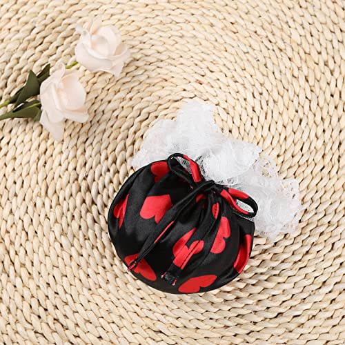 Dpois Mens Soft Satin Sissy Floral Lace Compact Tanning Pouch Cock Sock Drawstring Pouch Bag G-String Thongs Underwear Heart Black One Size #TOP2