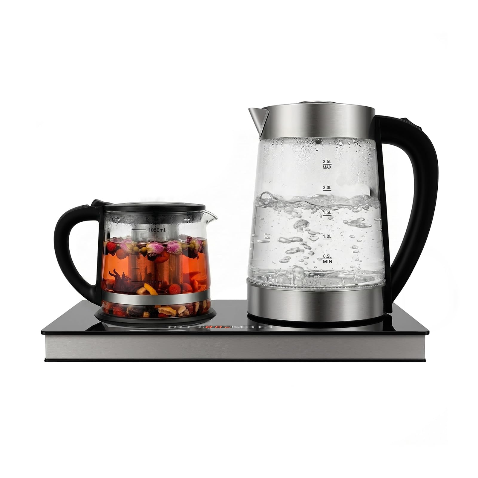 Hervidor de agua eléctrico de 1 L + 2,5 L de acero inoxidable y cristal con tetera, 1500 W, potente hervidor de agua con pantalla LCD, doble foco, 70-80 °C, función de mantenimiento del calor