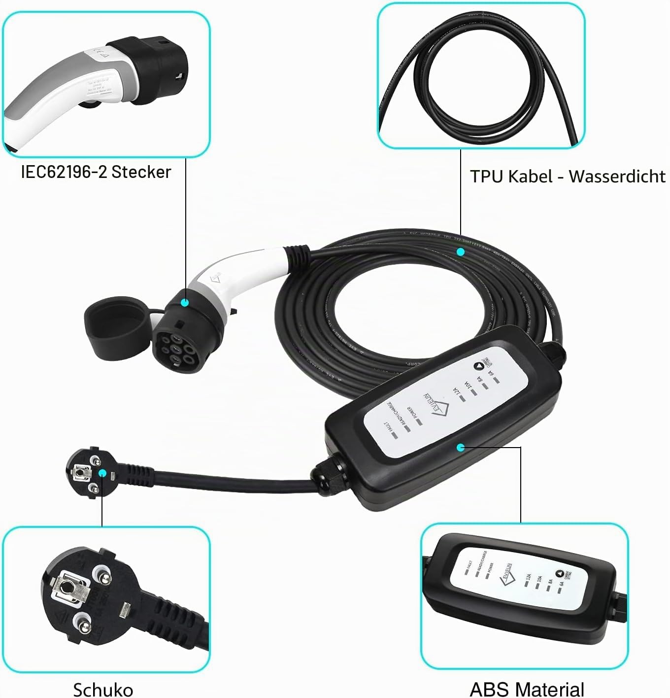 EV Ladekabel für Elektrofahrzeug Tragbares Zuhause Schnell EVSE ladegerät Kompatibel mit Allen Steckern für Elektroautos IEC 62196-2 Typ 2 16A/3.6KW Schuko 2-polig