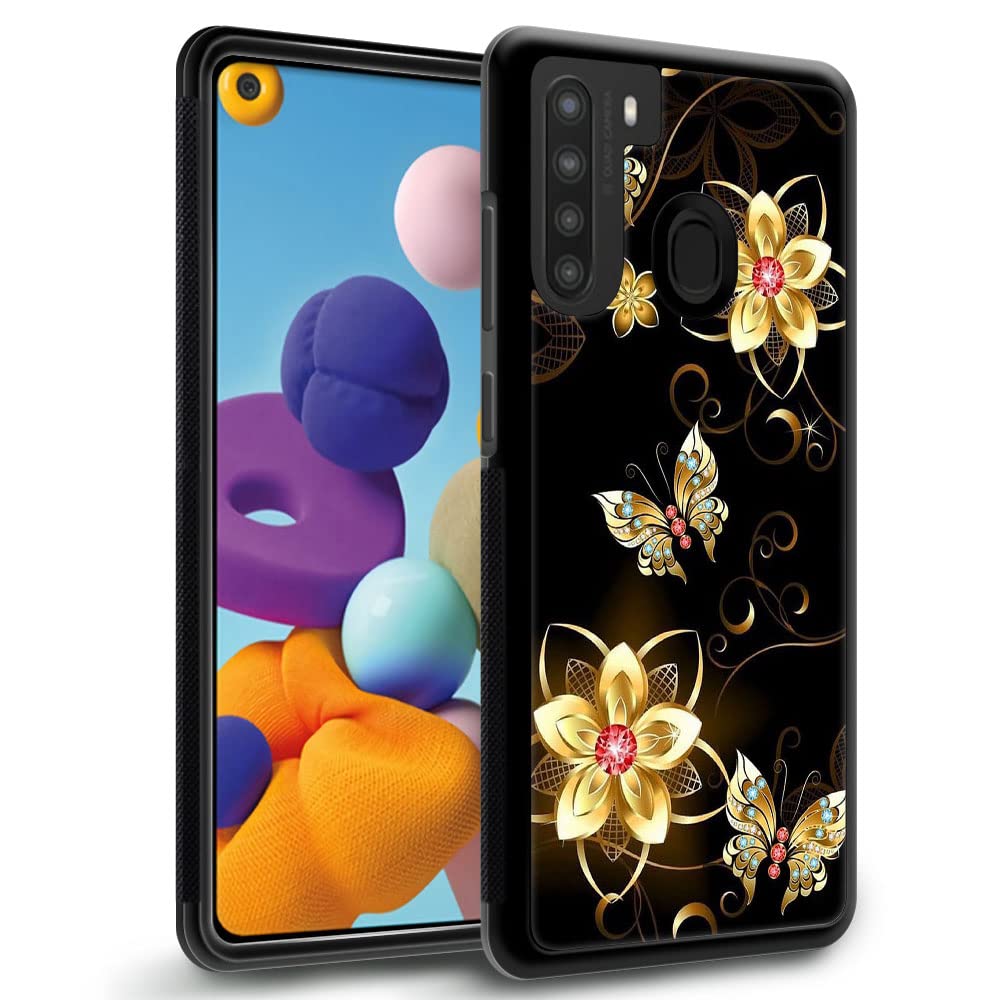 DJSOKCompatible with Samsung Galaxy A21 Case,Golden Flower Luxury Pattern Design Pattern Back+Soft Silicone TPU Air Pressure Technology Shock Protective Case for Samsung Galaxy A21