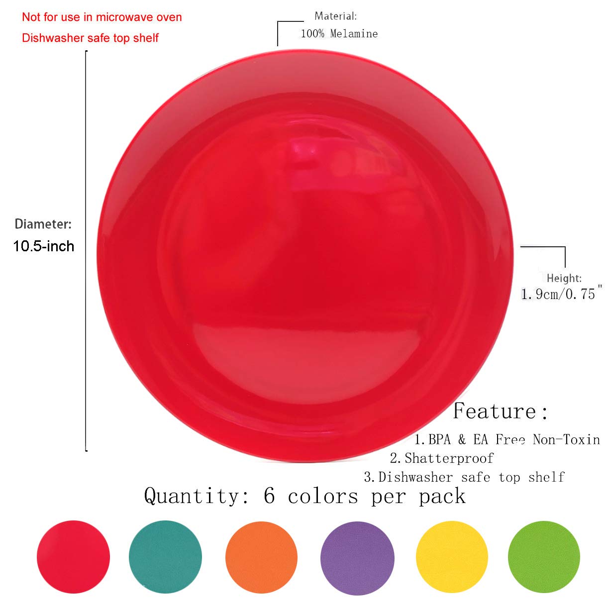 KOXIN-KARLU Piatti in melamina, 26,7 cm, set da 6 in 6 colori assortiti, 100% melammina, lavabili in lavastoviglie, senza BPA
