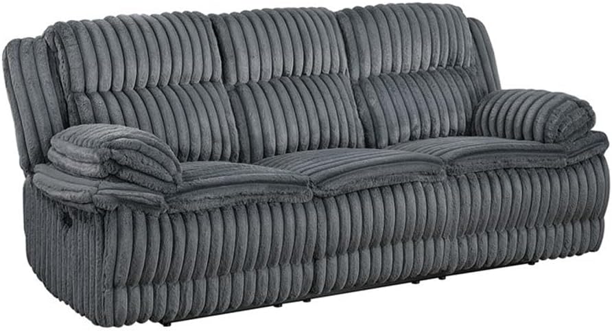 Pemberly Row Corduroy Dual Reclining Sofa, Dark Gray Fabric Upholstery, Solid Wood and Plywood Frame, Metal Reinforced Seat, Attached Cushions, Tab-Pull Recliners, 300 lbs Per Seat, Cozy Living Room