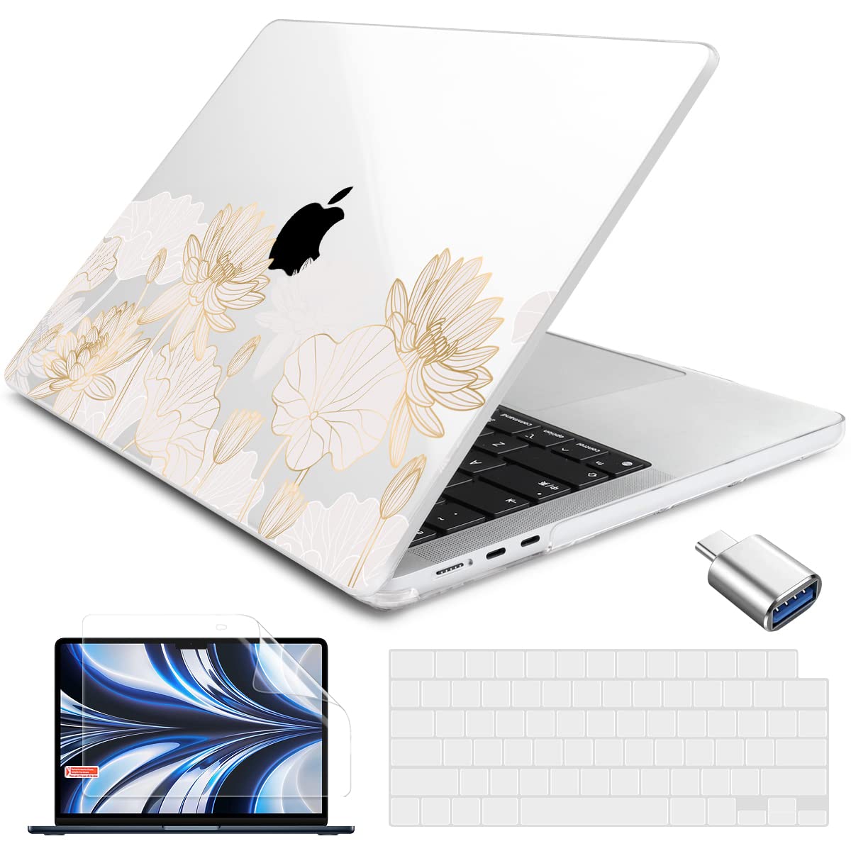 Batianda for New MacBook Air 13.6 inch Case with M2 Chip 2022 Release Model A2681, Designed Protective Plastic Hardshell & Keyboard Cover & Screen Protector，Gold Lotus