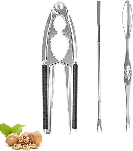 Nut Crackers - Galletas de nuez de alta resistencia con 2 tenedorespúas de acero inoxidable para mariscos, cascanueces con mango antideslizante negro