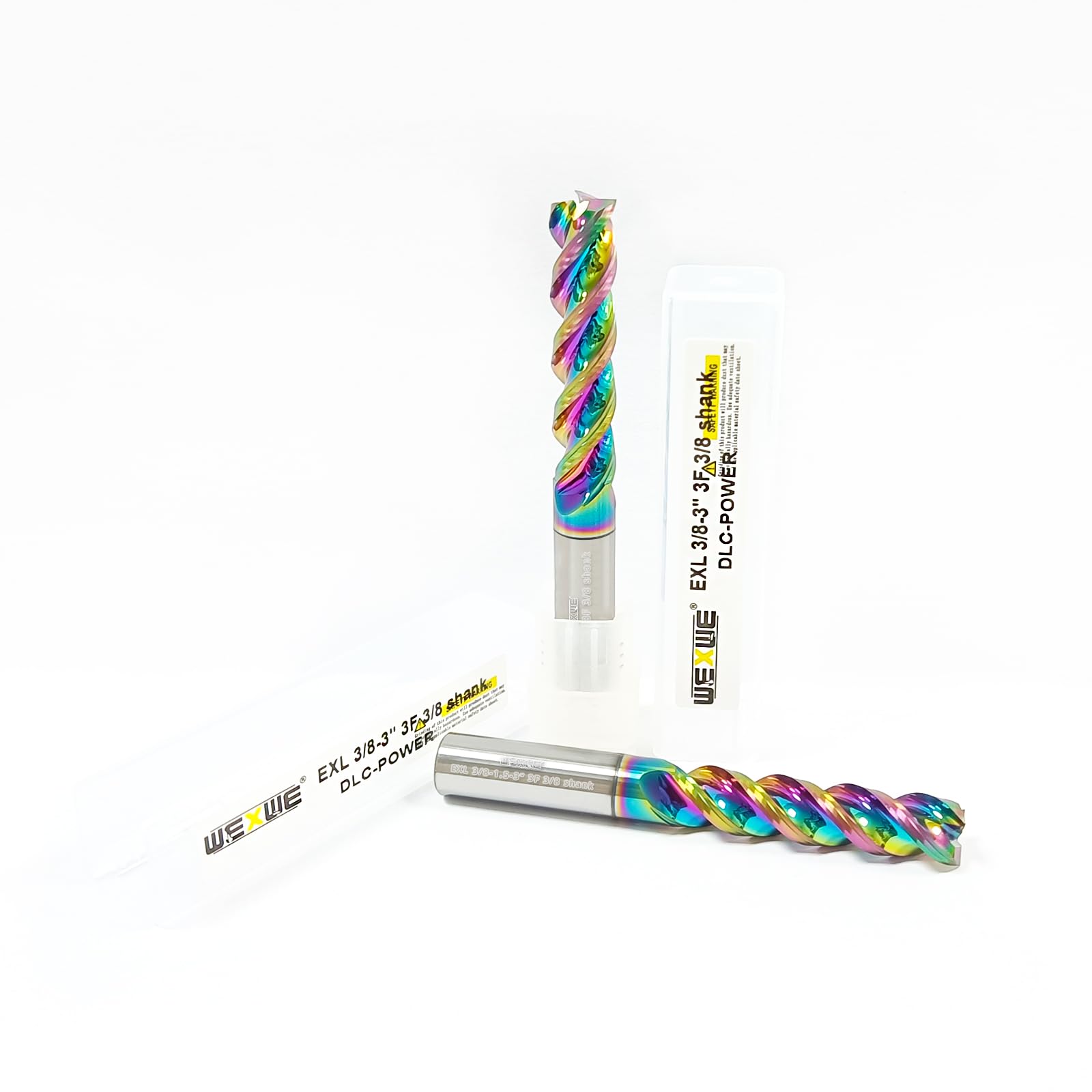 WEXWE Tools 3/8” Extra Long Carbide Square End Mill for Aluminum, Copper Alloy, Plastic, 3" Overall Length End Mill Bits, 3 Flute HRC 62 Deg DLC