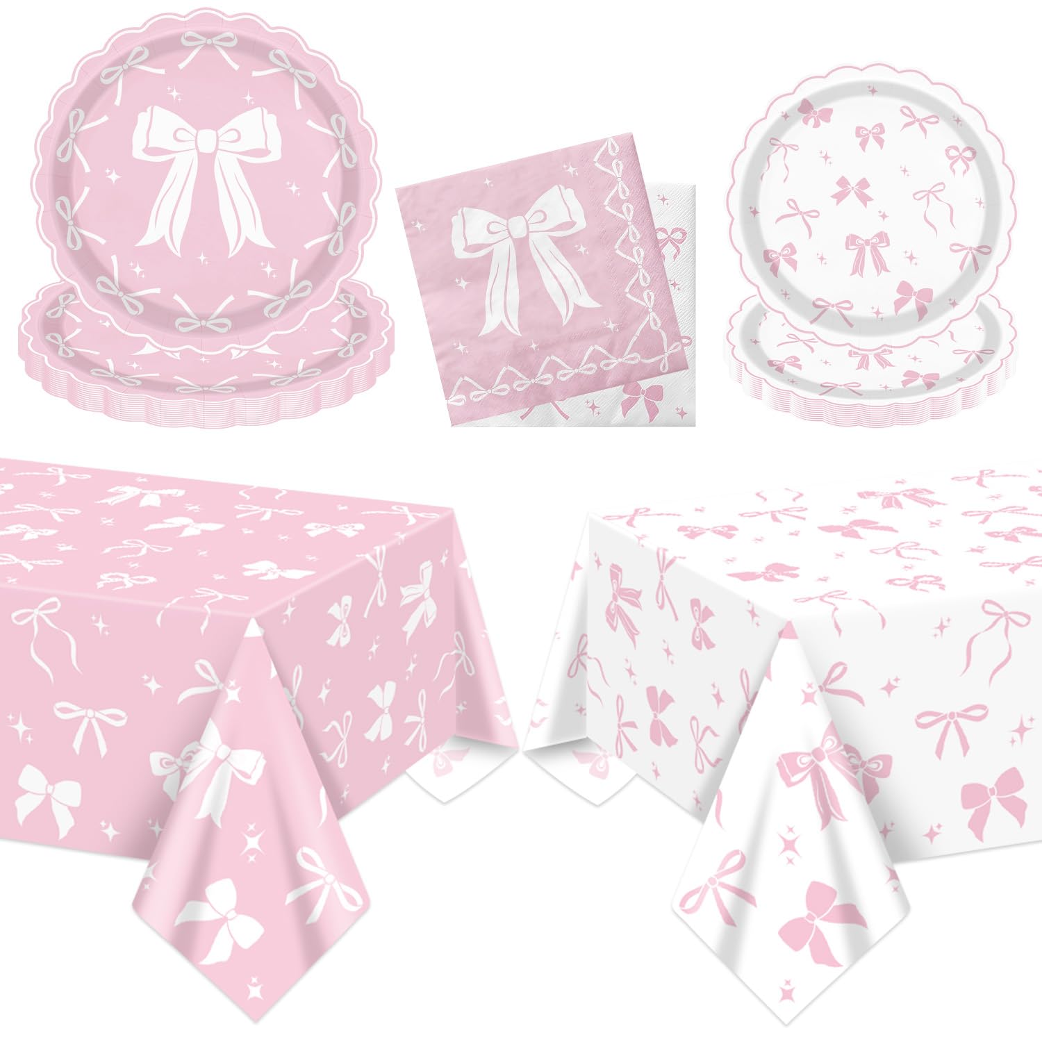 APUXXJUPA Pink Bow Party Supplies Set for 20 Guests, Including Tablecloths, Napkins and Plates for Pink Bow Birthday Decorations Coquette Birthday Party Bachelorette