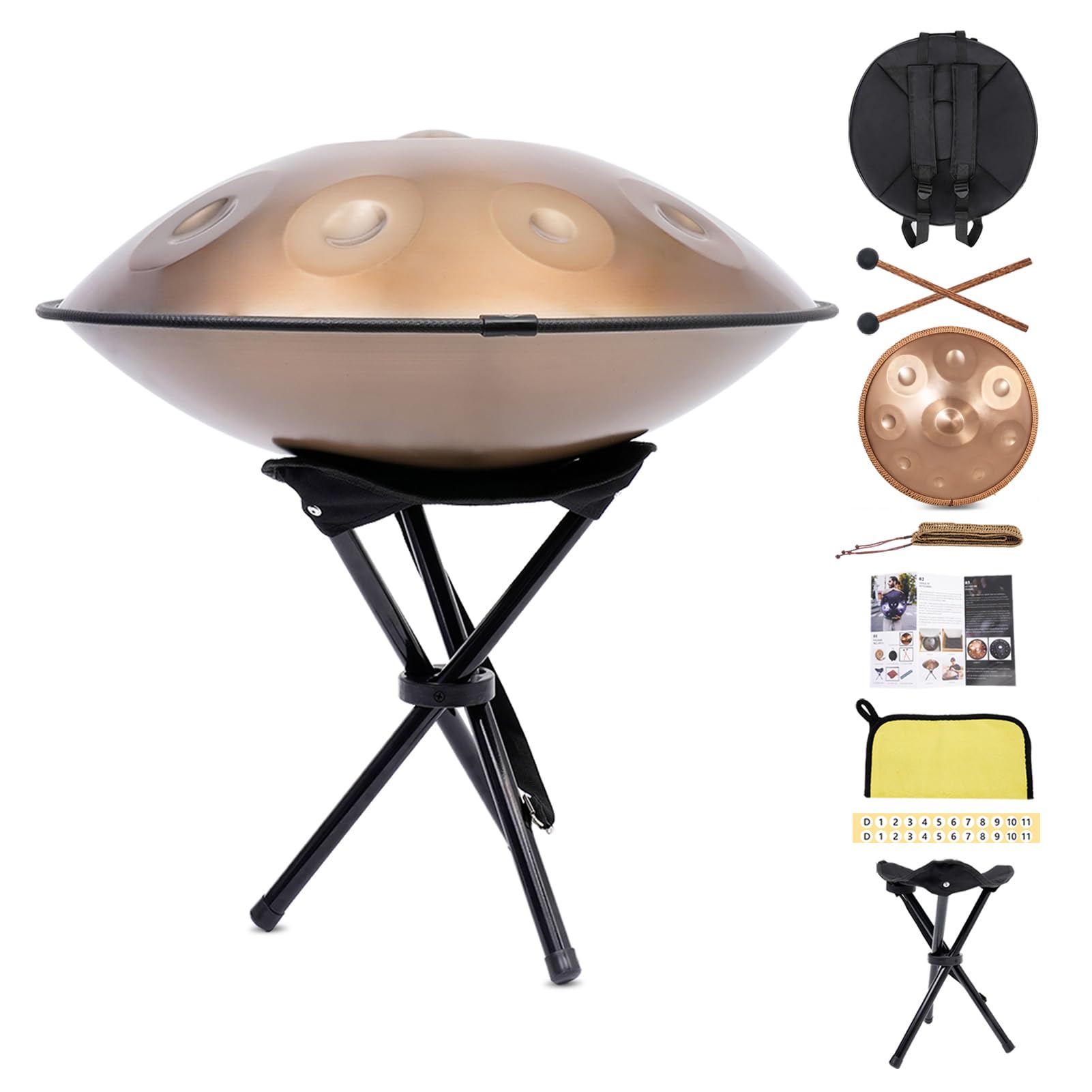 Handpan 22 Pollici (56cm) - 9 Note Re Minore (D-Minor) 432Hz | Acciaio Nitruro Professionale | Tamburo a Mano con Borsa per Yoga, Meditazione e Guarigione Sonora (Oro)