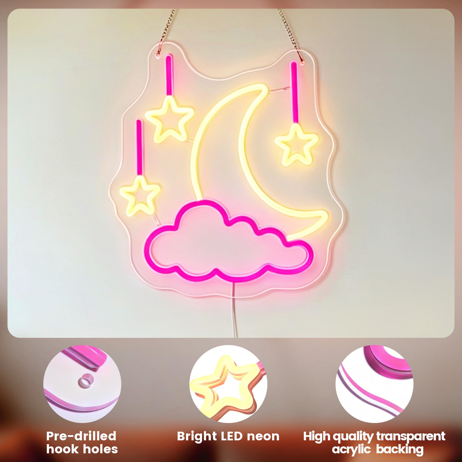 Insegna al neon a forma di luna nuvola per decorazione da parete, luce LED Luna Star, alimentata tramite USB, per camera da letto, bambini, romm bar, regali per bambini e ragazze