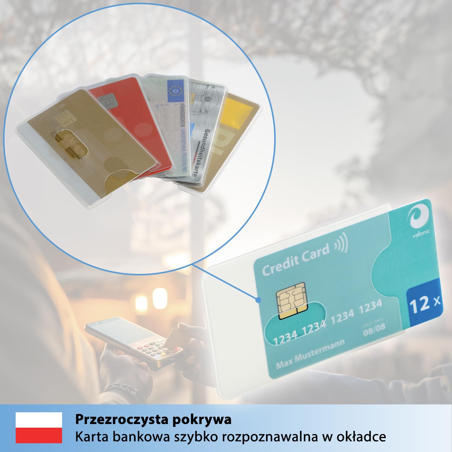 valonic osłona karty - 12 sztuk, wytrzymały plastik, wycięcie na otwór - matowa, przezroczysta - osłona do kart kredytowych i kart EC