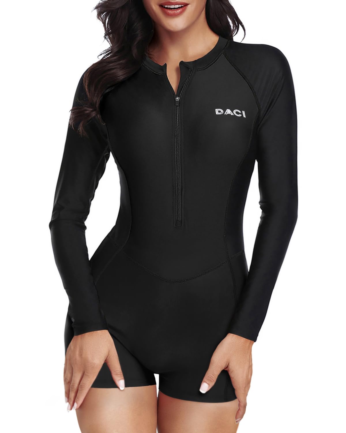 Daci Women Long Sleeve Rash Guard One Piece Boyleg Swimsuit Zipper Surfing