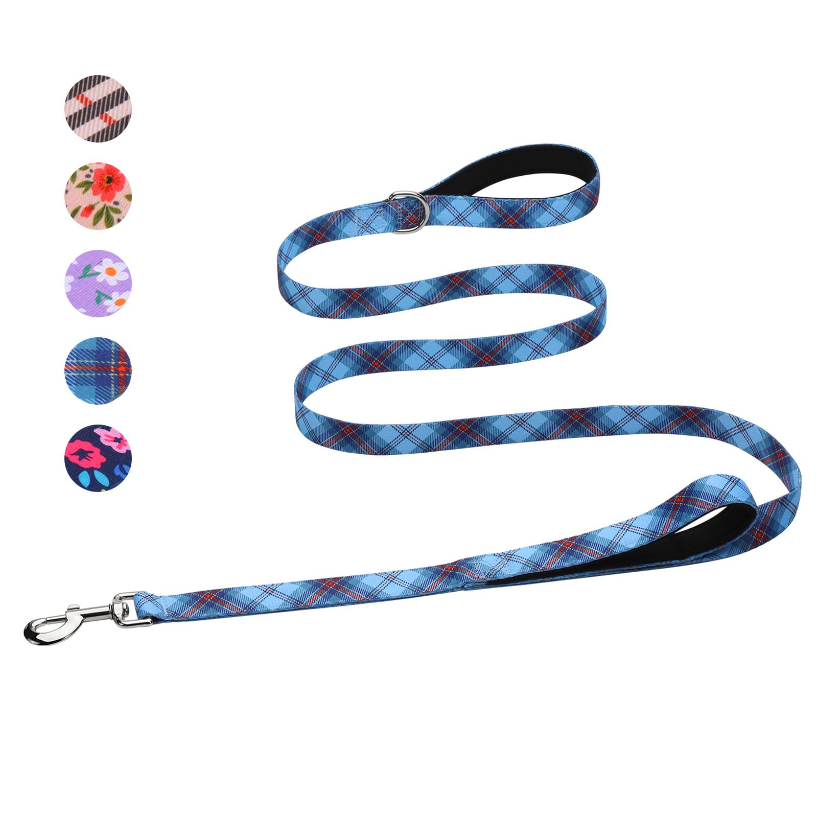 Hikiko 6 Ft Dog Leash, Padded Double Handle Leashes for Medium Large Dogs, Soft Traffic Handles Lead for Walking (Blue Plaid) — image 1