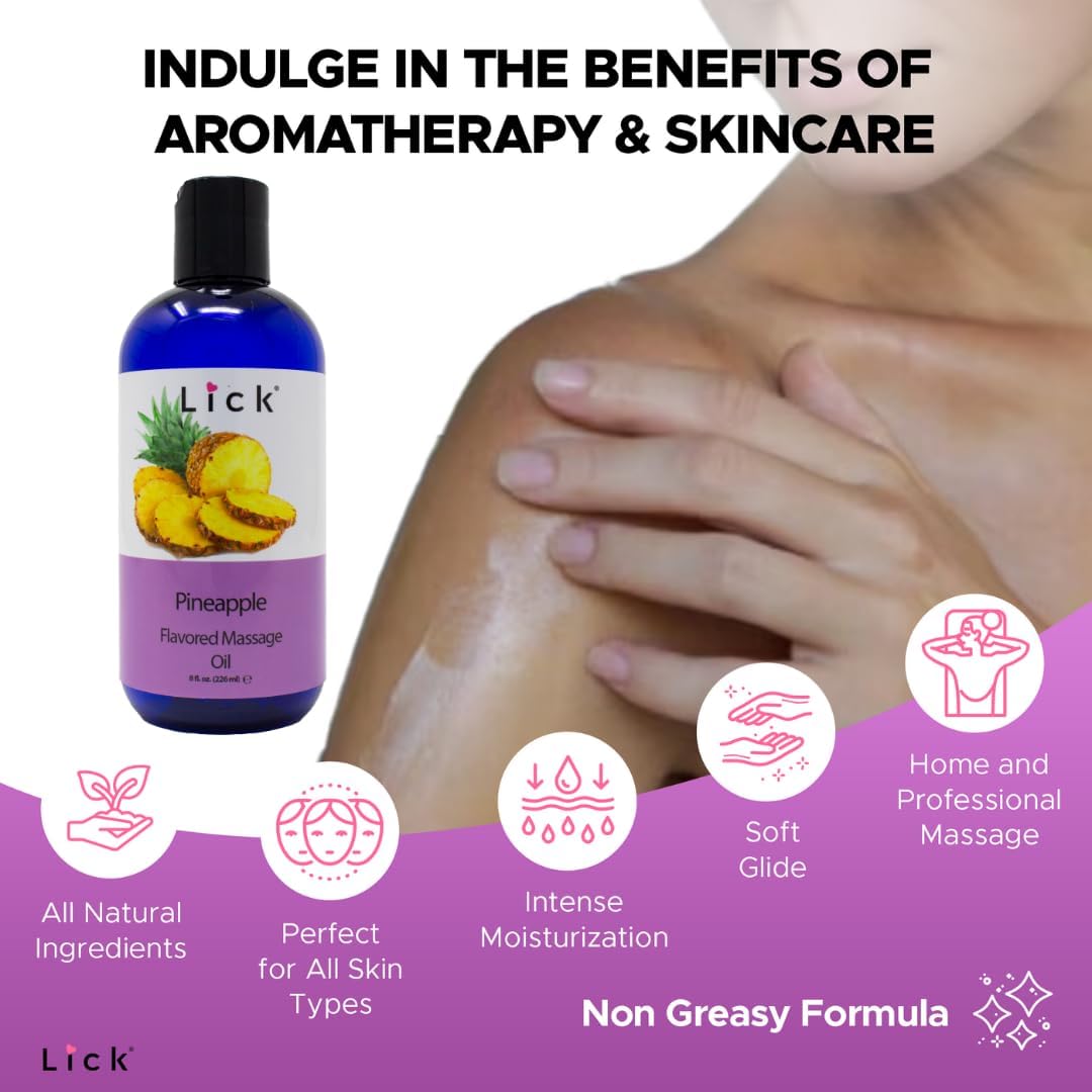 Lick Pineapple Flavored Massage Oil with Vitamin E - Sweet Edible Body Oil for Couples Massage - Fractionated Coconut and Sweet Almond Oil Blend - Smooth Long-Lasting Glide for Men and Women - 8 oz