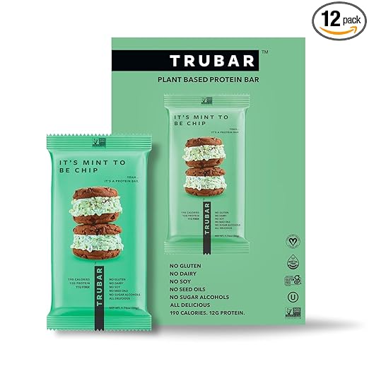 TRUBAR Vegan Protein Bar, It’s Mint to Be Chip, Gluten Free, Plant Based High Fiber, Dairy Free, Non GMO, Low Fat, No Sugar Alcohols, 12G Lean Protein, 13G Fiber, Healthy Snack Bars, 12 CT