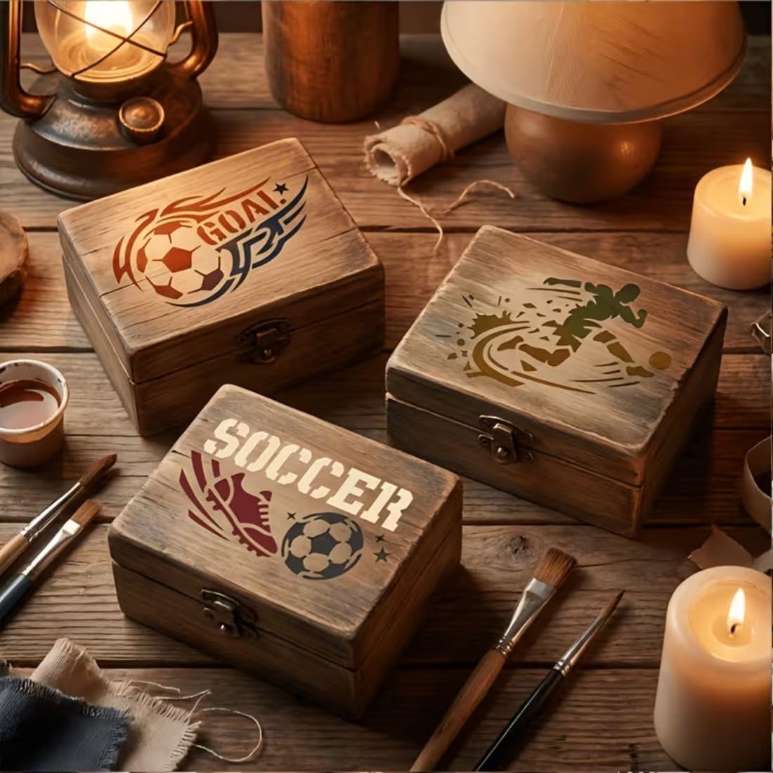 6-Pack Soccer Stencils for Baking, Reusable PET Drawing Templates with Soccer Ball, Goal & Football Theme for DIY Face Crafts, Royal Icing, Sugar Cookie Decorating, Wall Art, 3.54IN x 2.36IN