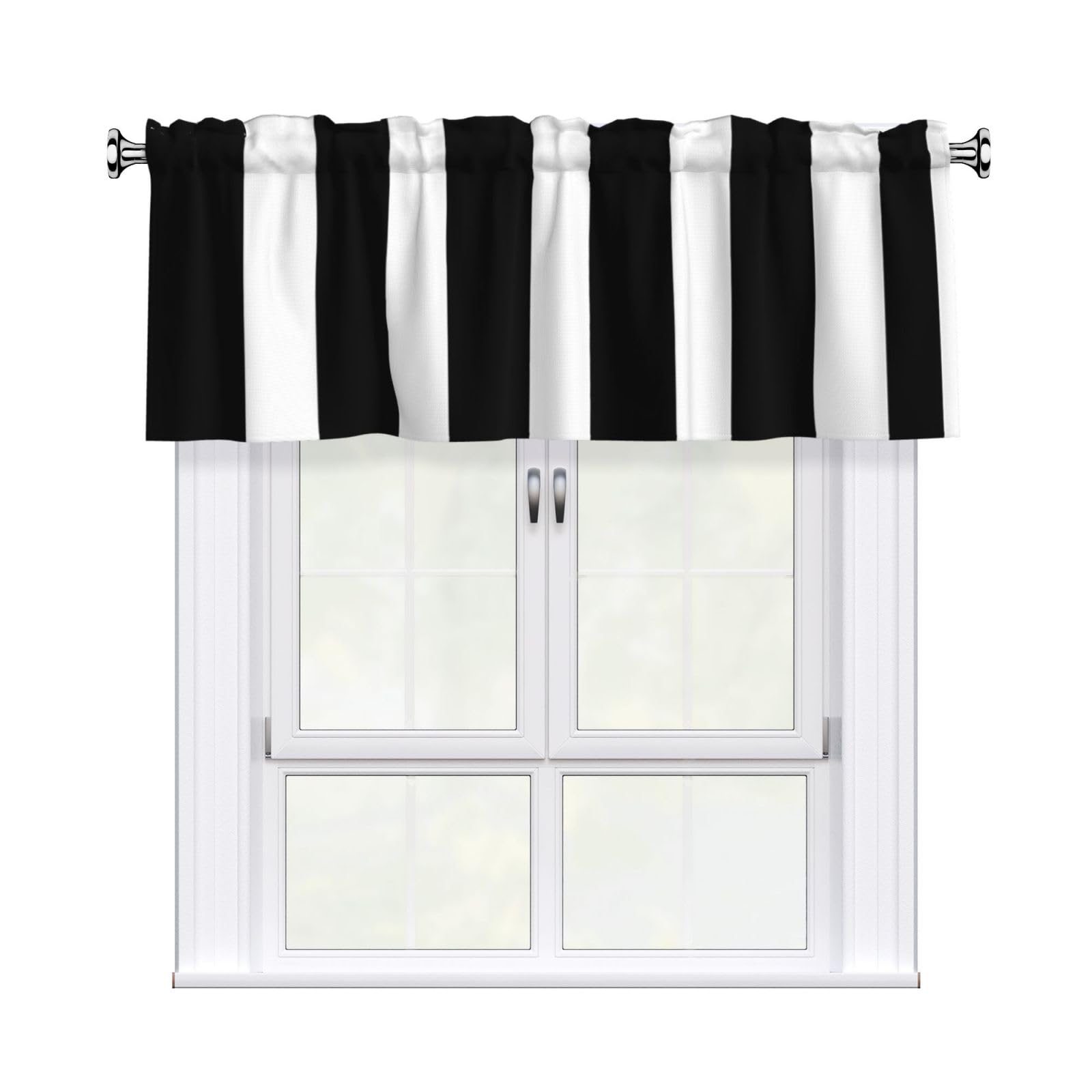Whjshop Black Stripes White Printing Short Curtains With Valance Rod 54X18in, Light Filtering, Easy Installation For Kitchen, Bathroom, Laundry Room, Studio