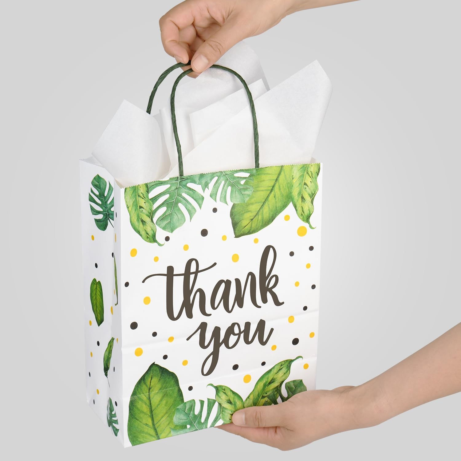 DjinnGlory 50 Pack Medium-Size Tropical Leaf Gift Bags with Handles and 50 White Tissue Paper for Hawaiian Luau Themed Party Favors, Small Business, 10x8x4 Inch (Boho Thank You)